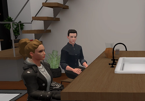 two Simli VR characters in an apartment talking
